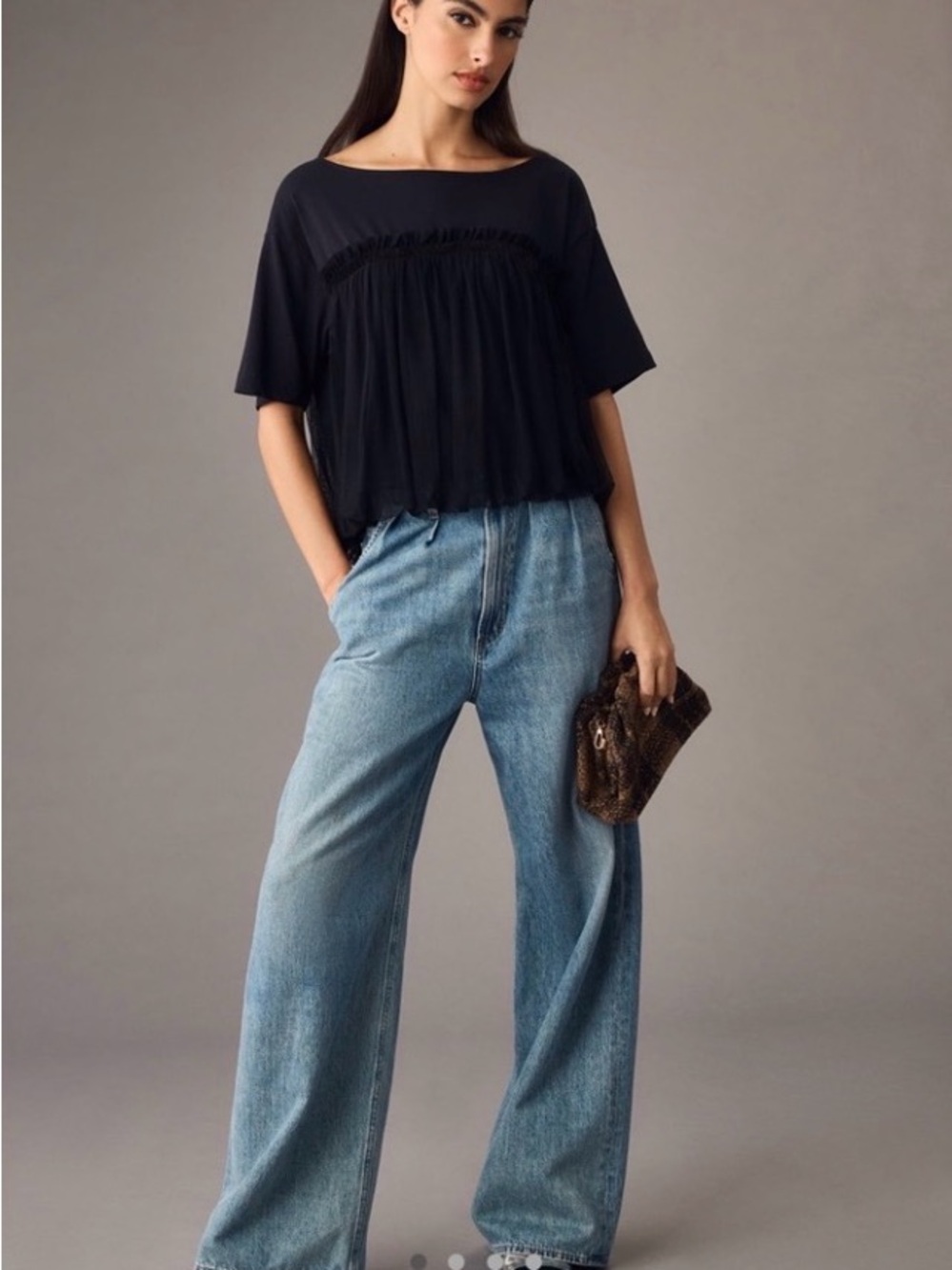 MAEVE Black Short-Sleeve Mesh-Overlay Women's BUBBLE HEM TOP ANTHROPOLOGIE LARGE - Picture 3 of 6